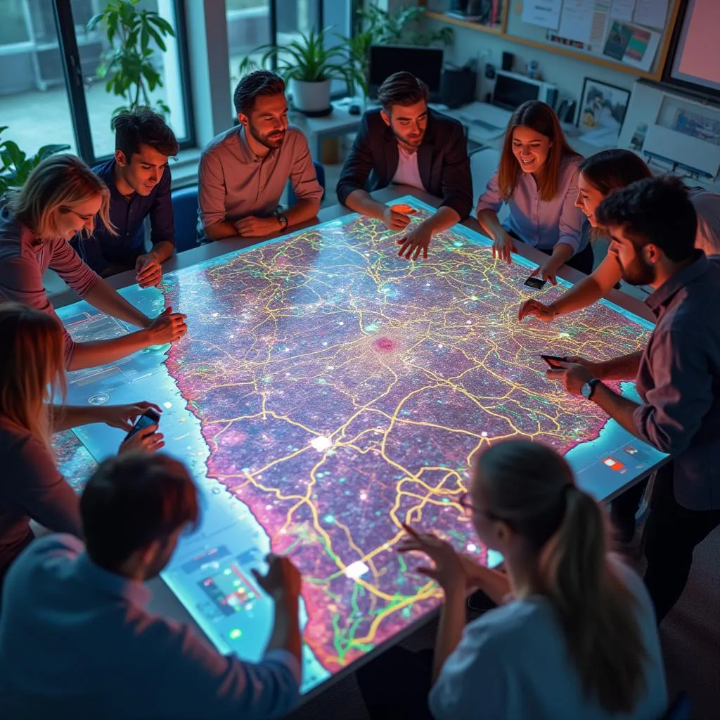 Equipo trabajando sobre un mapa de Argentina con estaciones de servicio